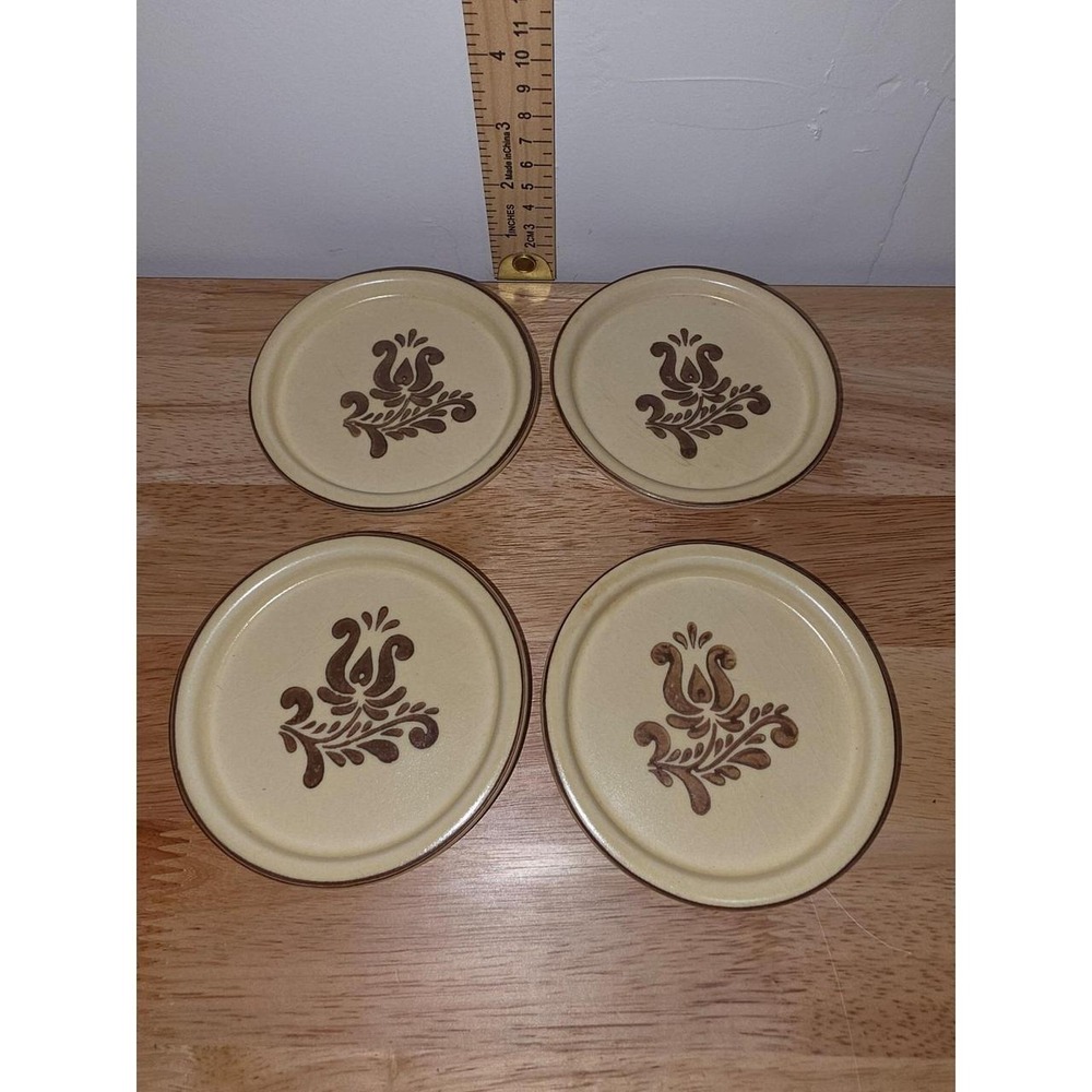 vintage Pfaltzgraff "Village" stoneware drink coasters, measuring